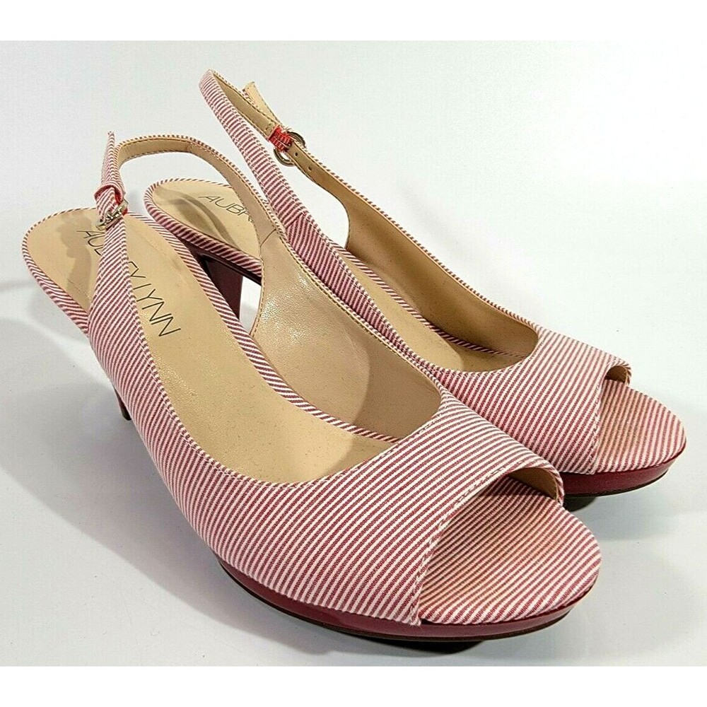 Aubrey Lynn Al Kamea Size 8 Bold Red White Stripe‎ Slingback High Heels EUC